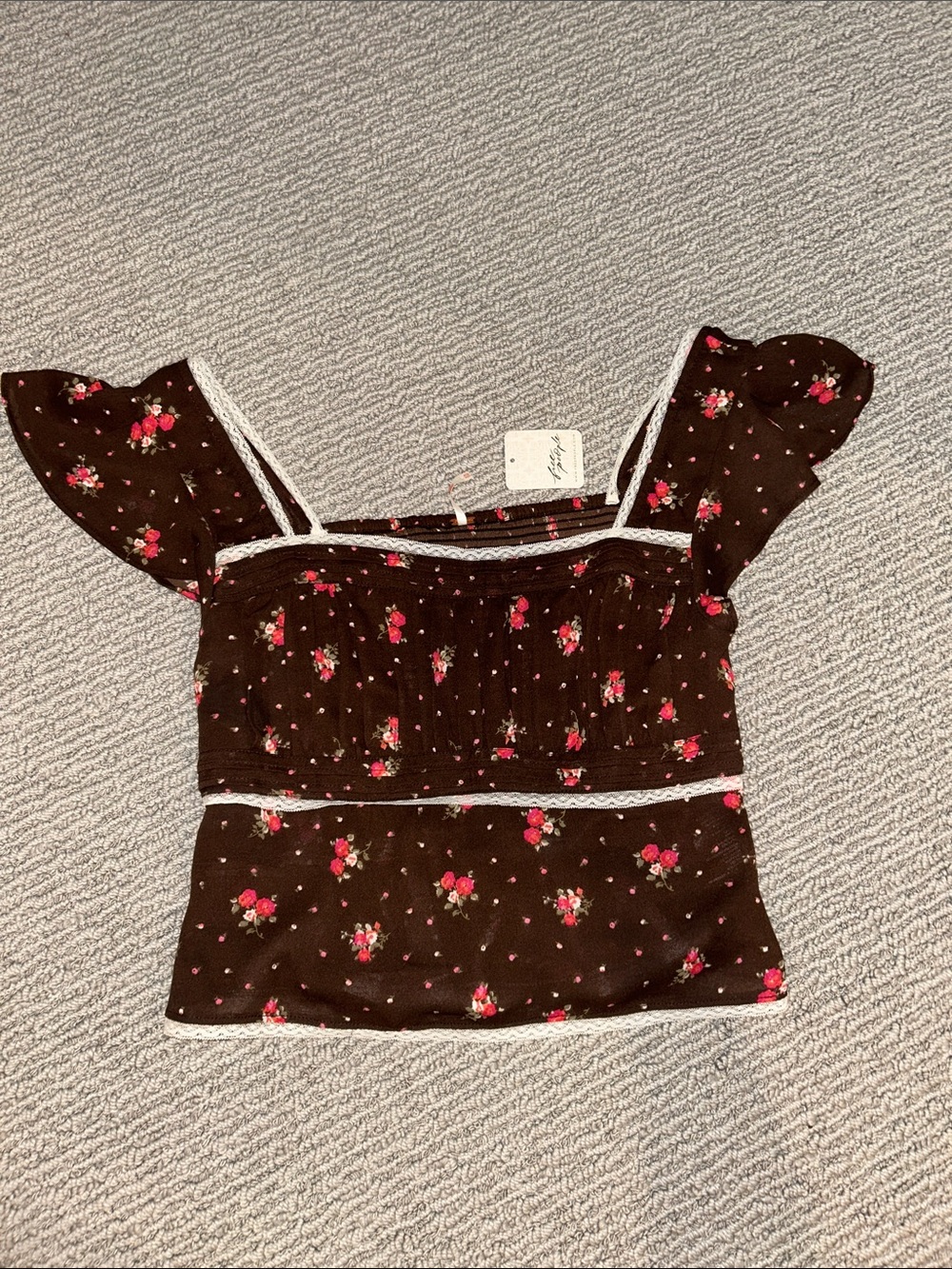 NWT Free People Brown Top with Pink Floral Print
